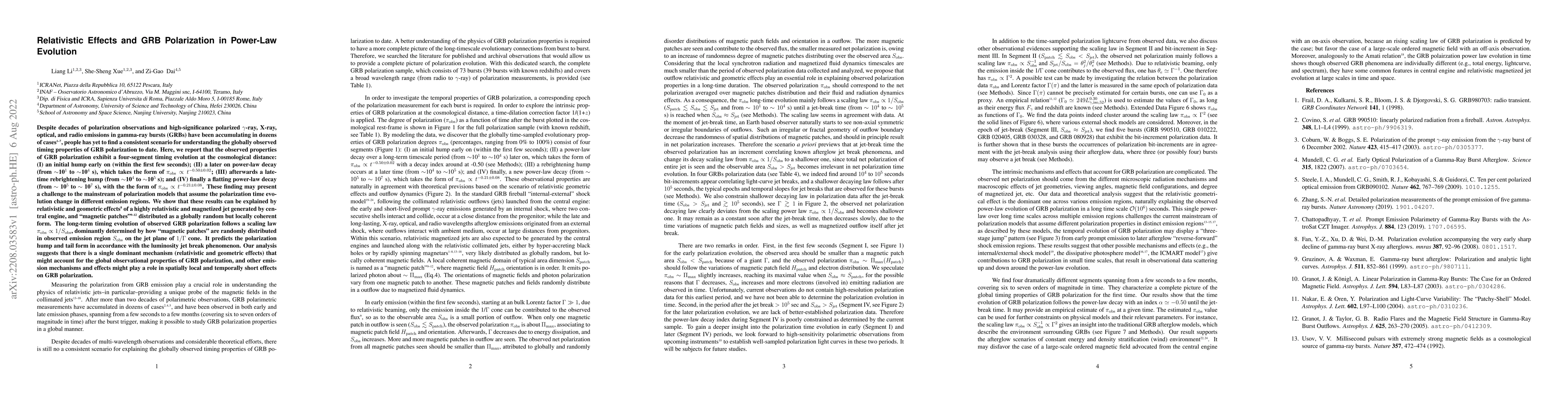 Thumbnail for Relativistic Effects and GRB Polarization in Power-Law Evolution