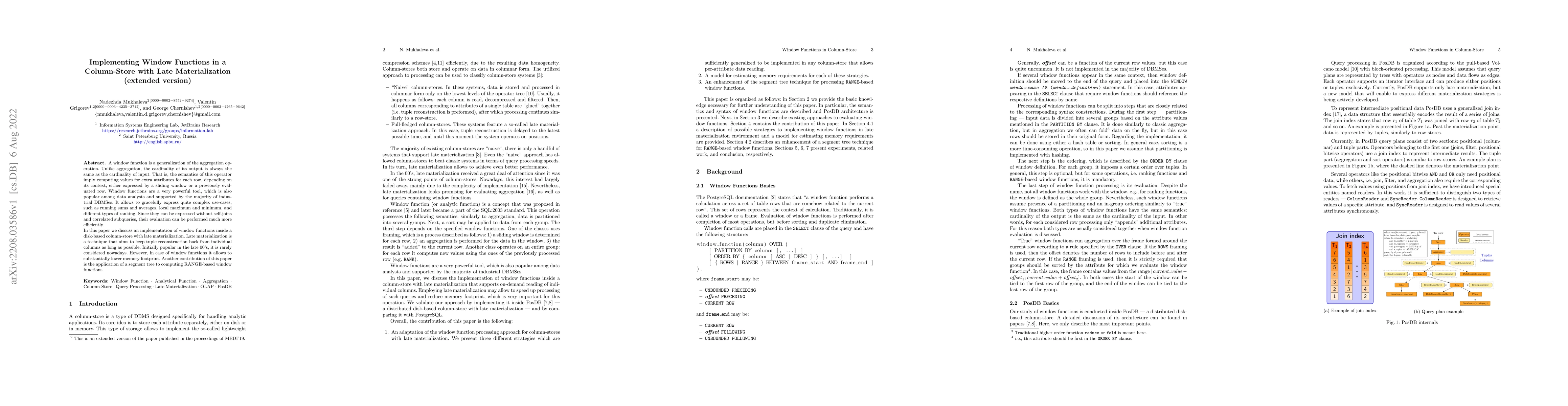 Thumbnail for Implementing Window Functions in a Column-Store with Late
  Materialization (Extended Version)