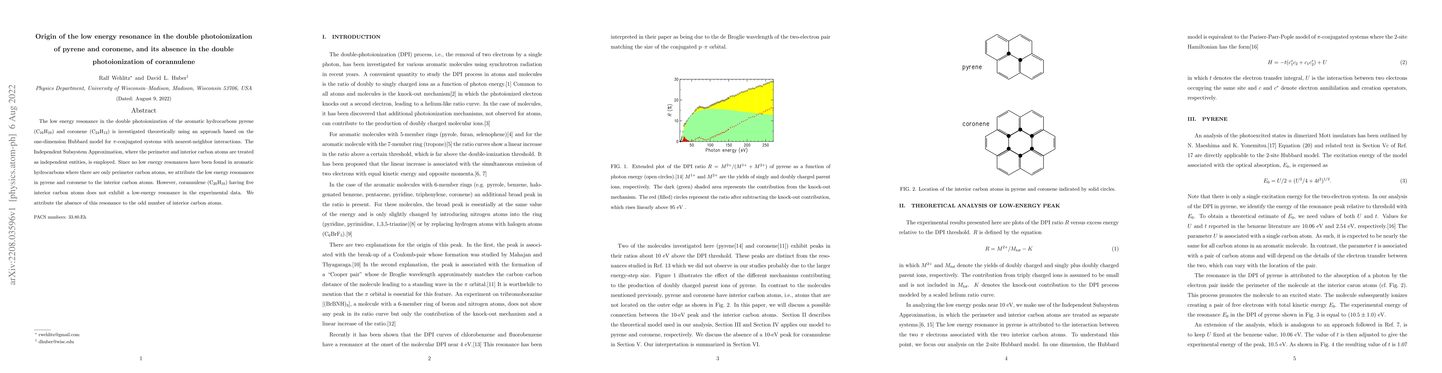 Thumbnail for Origin of the low energy resonance in the double photoionization of
  pyrene and coronene, and its absence in the double photoionization of
  corannulene