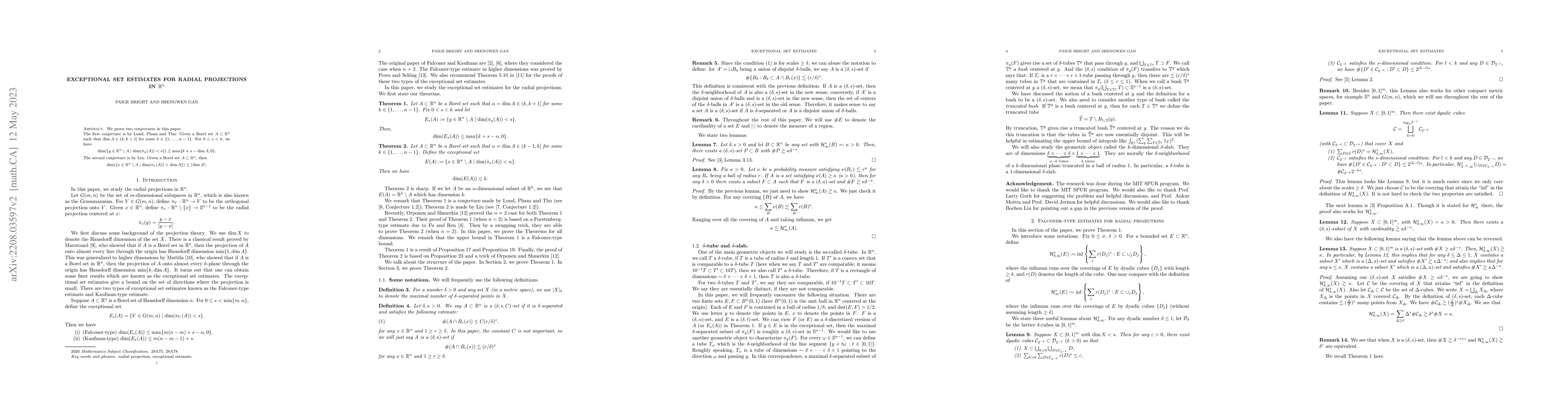 Thumbnail for Exceptional set estimates for radial projections in $\mathbb{R}^n$