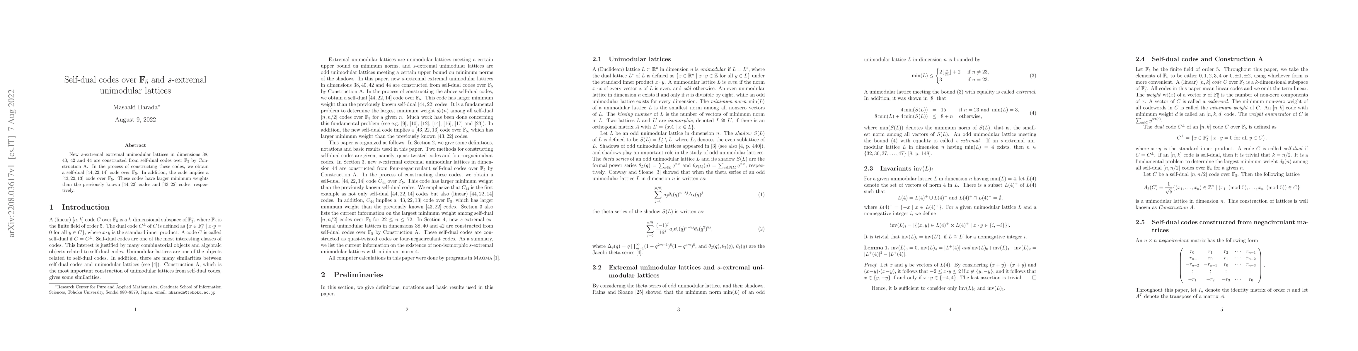 Thumbnail for Self-dual codes over $\mathbb{F}_5$ and $s$-extremal unimodular lattices