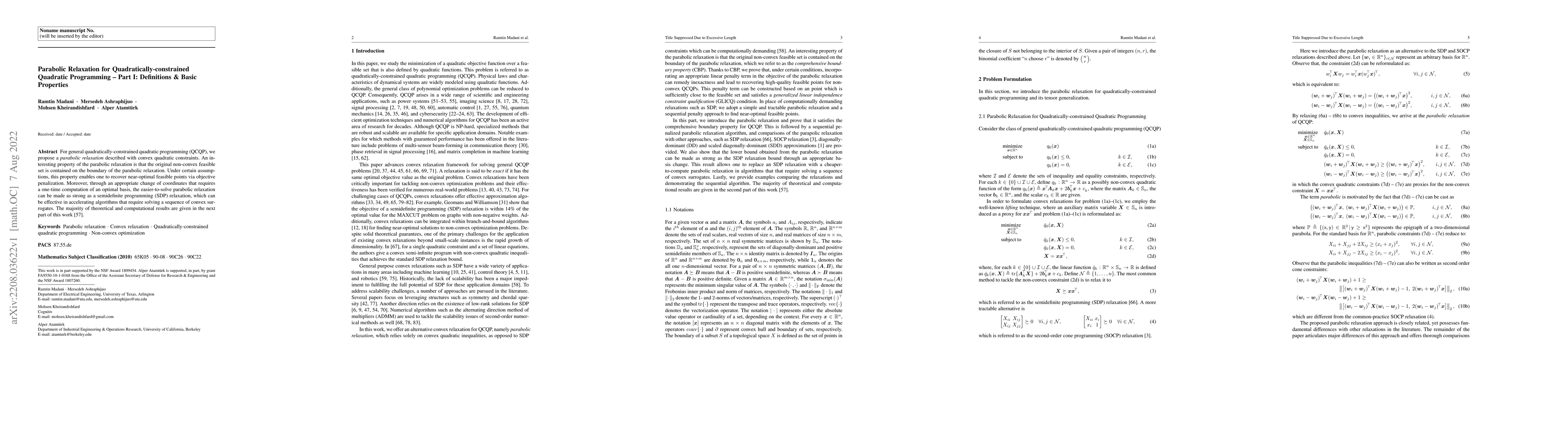 Thumbnail for Parabolic Relaxation for Quadratically-constrained Quadratic Programming
  -- Part I: Definitions & Basic Properties