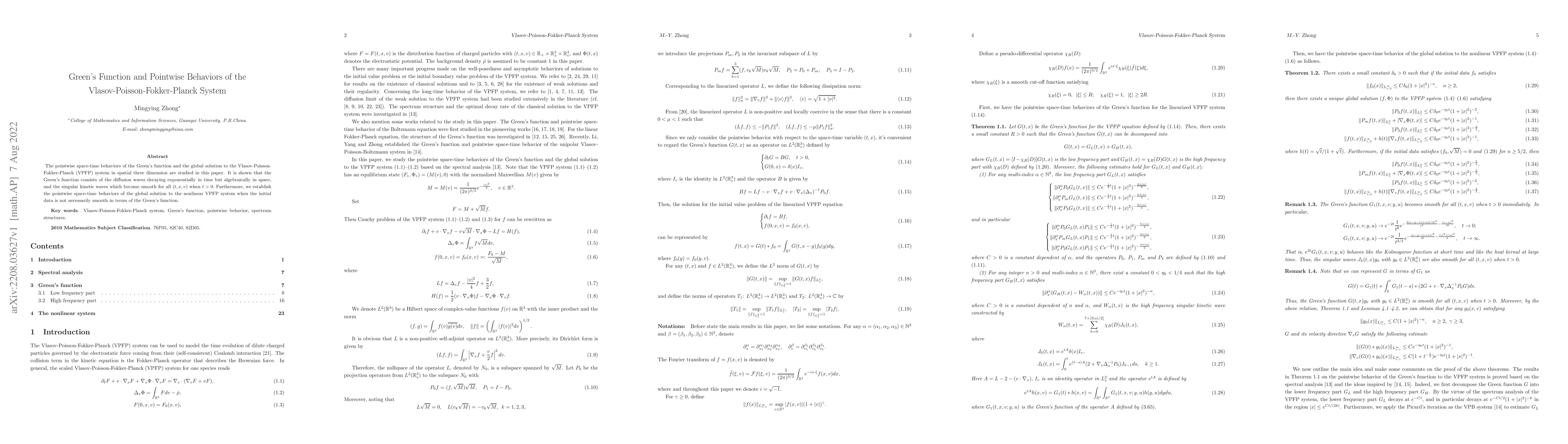 Thumbnail for Green's Function and Pointwise Behaviors of the
  Vlasov-Poisson-Fokker-Planck System