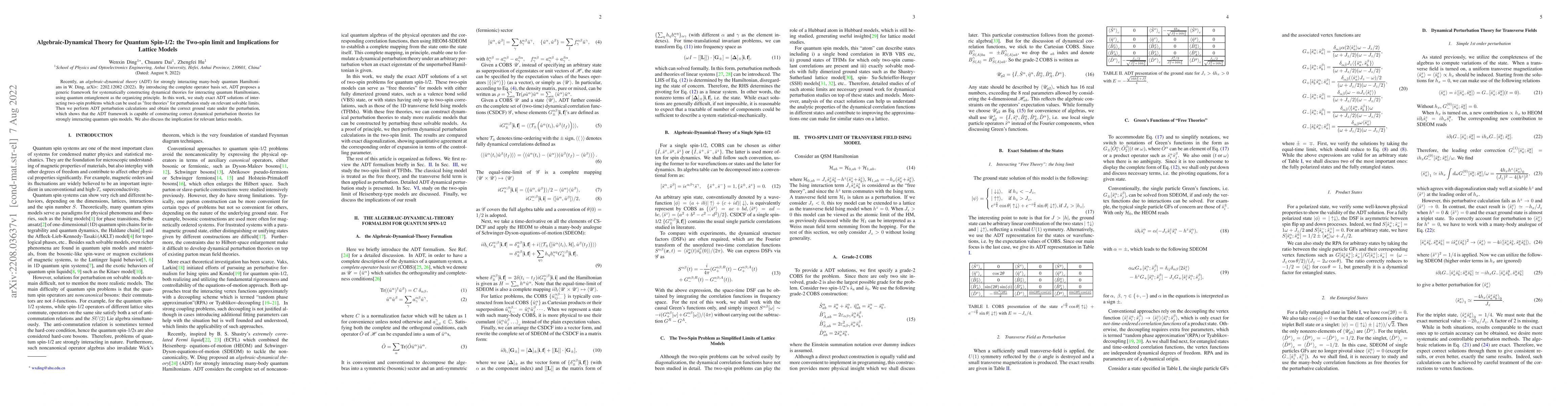 Thumbnail for Algebraic-Dynamical Theory for Quantum Spin-1/2: the Two-spin limit and
  Implications for Lattice Models
