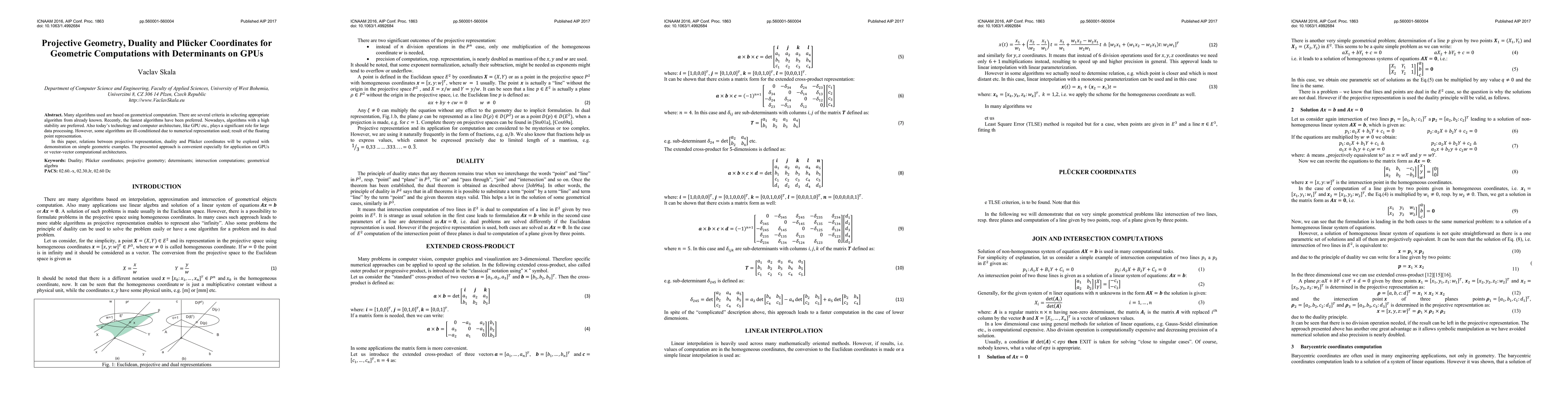 Thumbnail for Projective Geometry, Duality and Plucker Coordinates for Geometric
  Computations with Determinants on GPUs