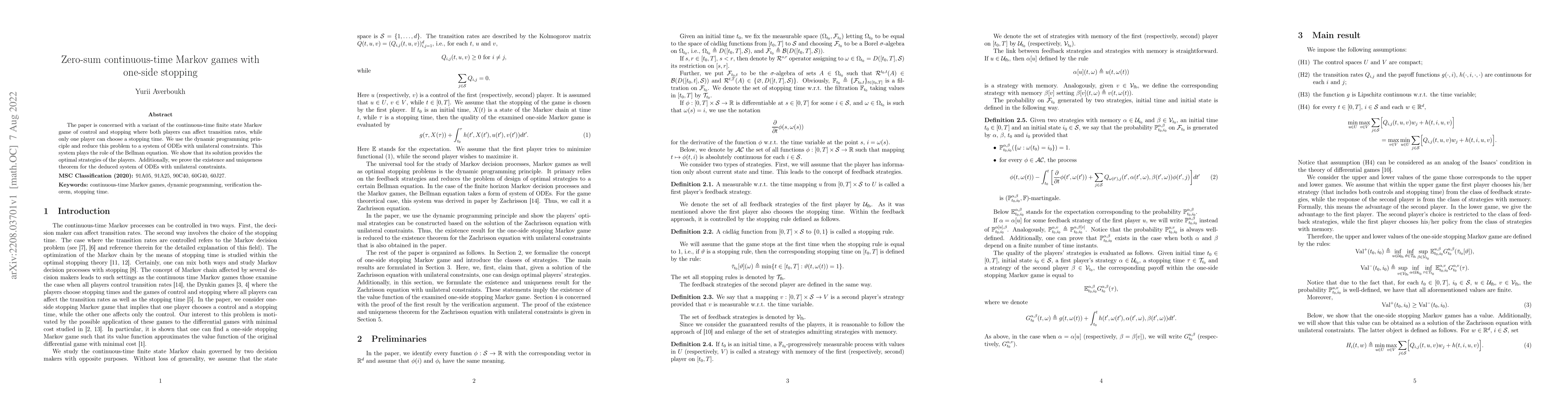 Thumbnail for Zero-sum continuous-time Markov games with one-side stopping