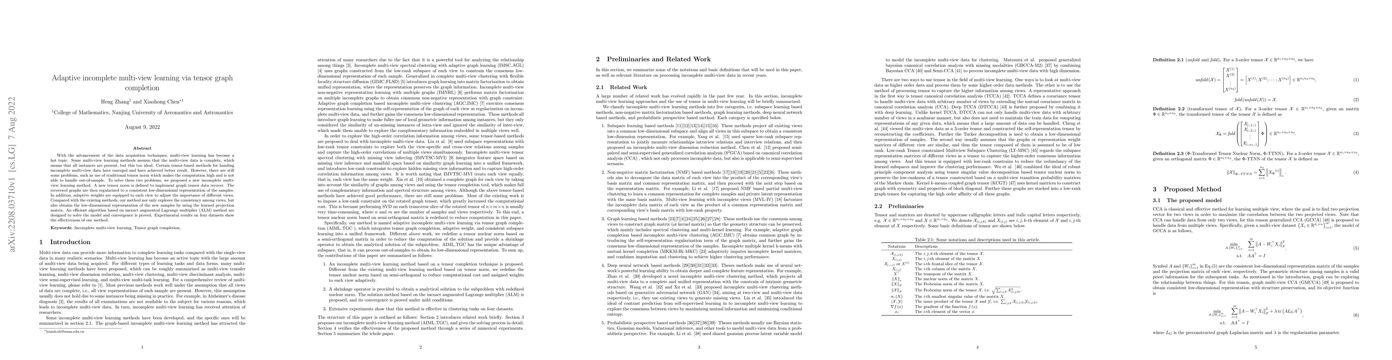 Thumbnail for Adaptive incomplete multi-view learning via tensor graph completion