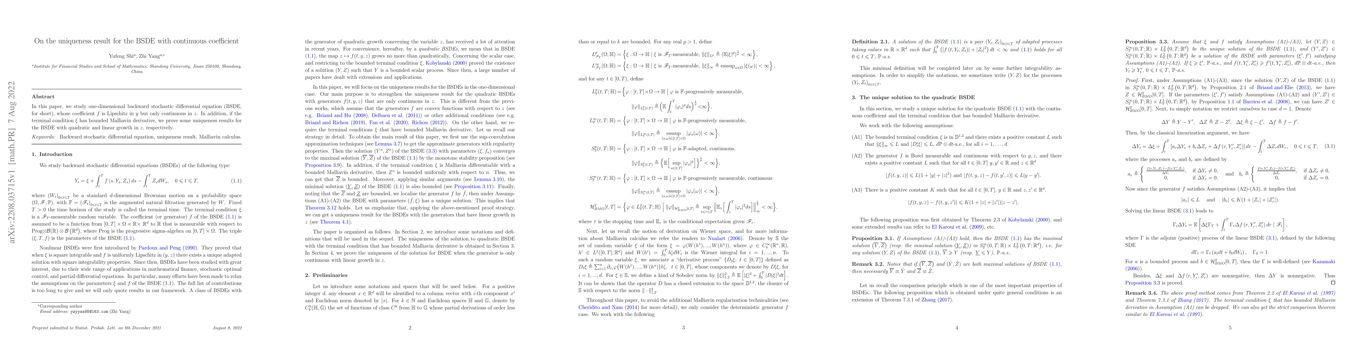Thumbnail for On the uniqueness result for the BSDE with continuous coefficient
