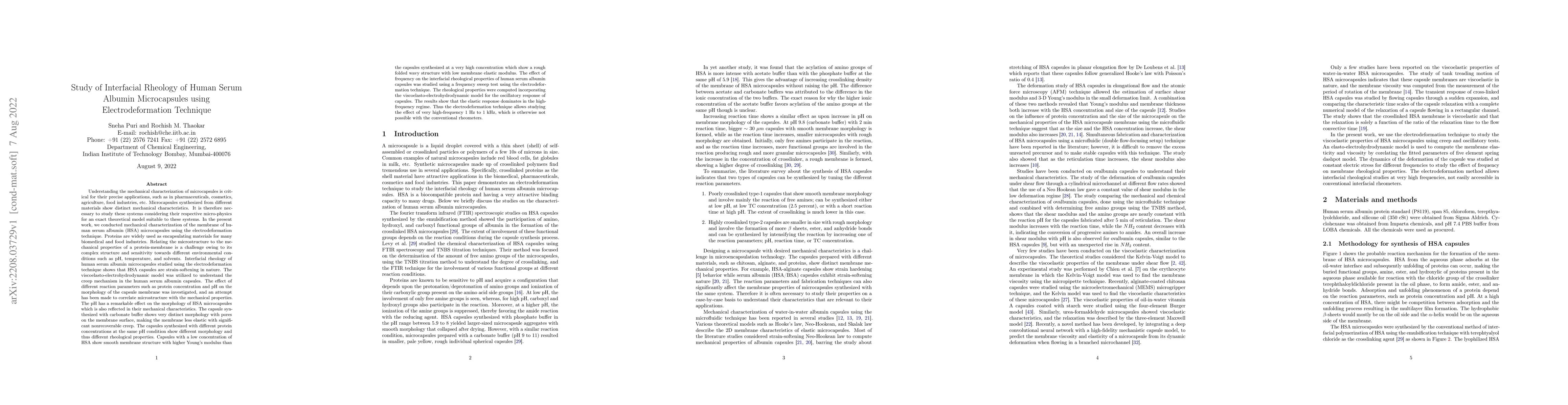 Thumbnail for Study of Interfacial Rheology of Human Serum Albumin Microcapsules using
  Electrodeformation Technique