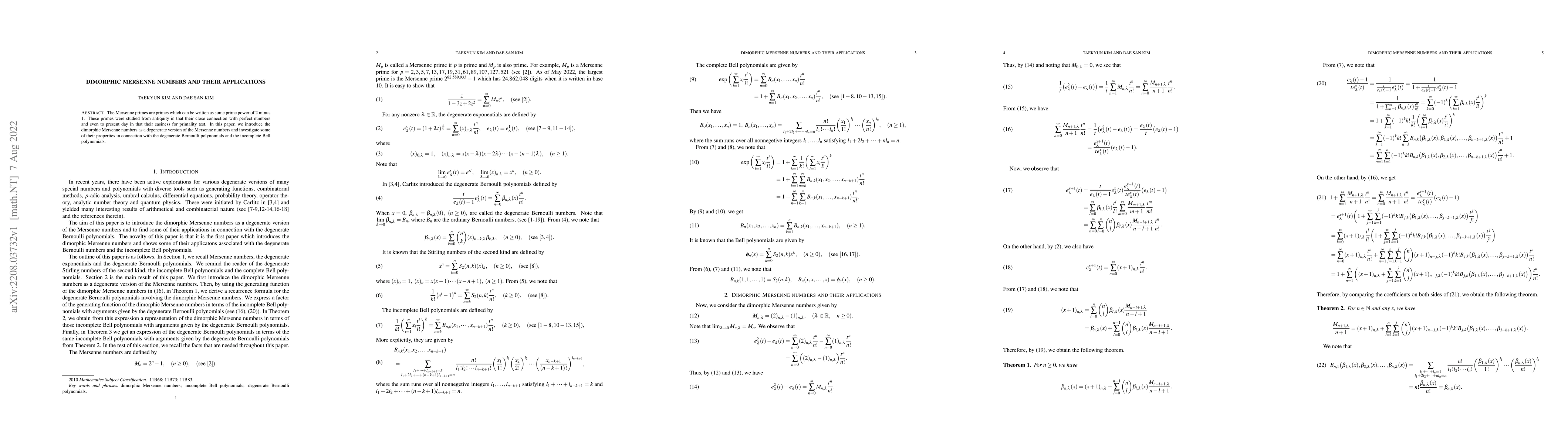 Thumbnail for Dimorphic Mersenne numbers and their applications