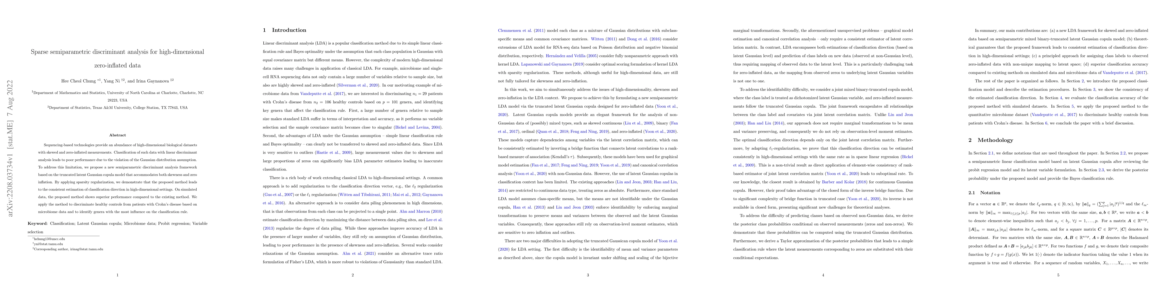 Thumbnail for Sparse semiparametric discriminant analysis for high-dimensional
  zero-inflated data