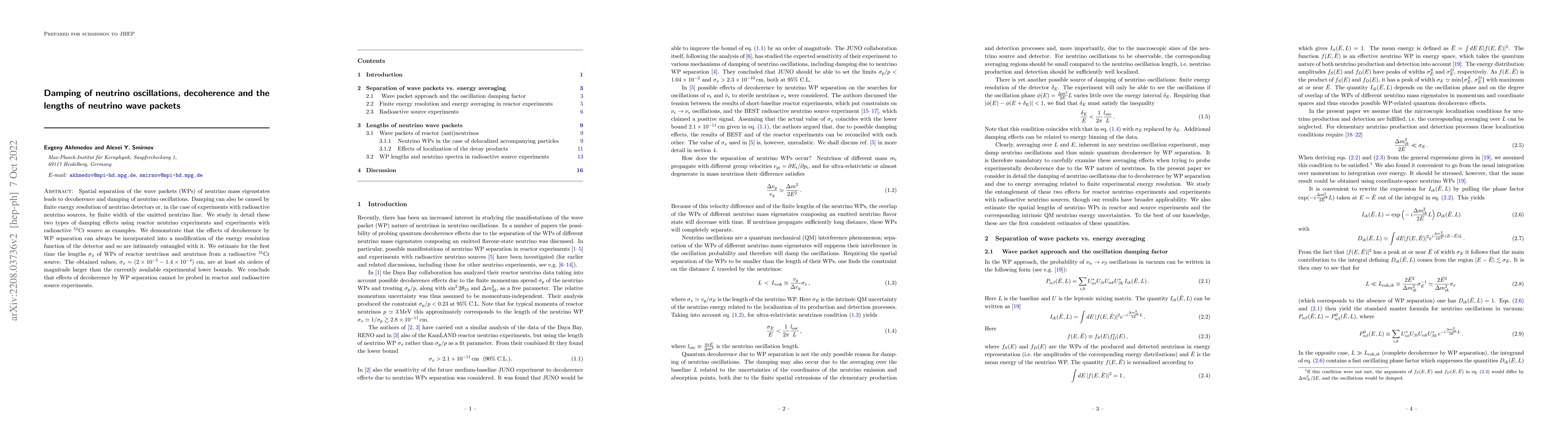 Thumbnail for Damping of neutrino oscillations, decoherence and the lengths of
  neutrino wave packets
