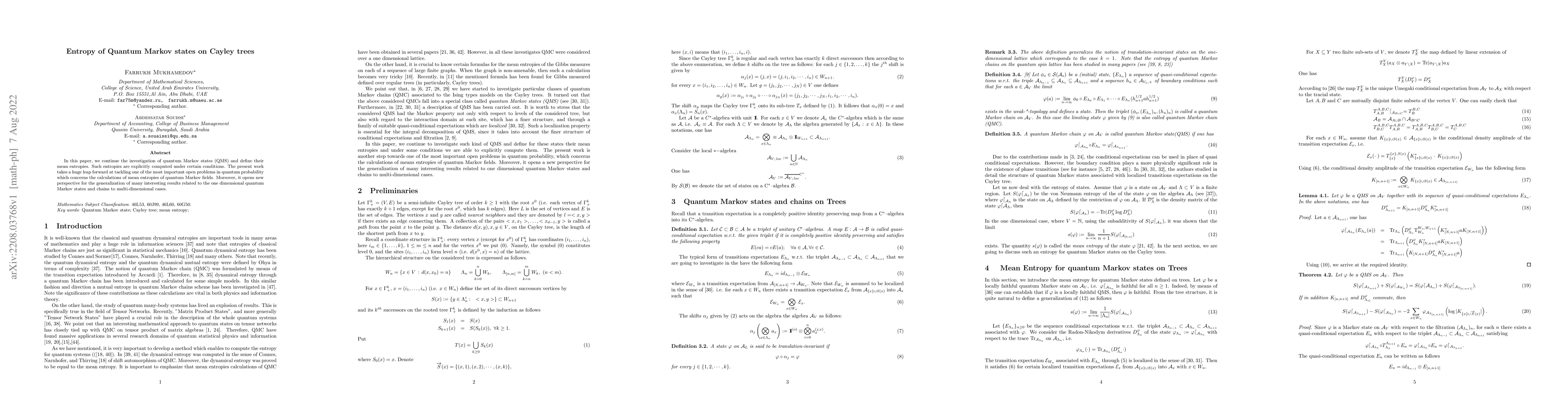Thumbnail for Entropy of Quantum Markov states on Cayley trees