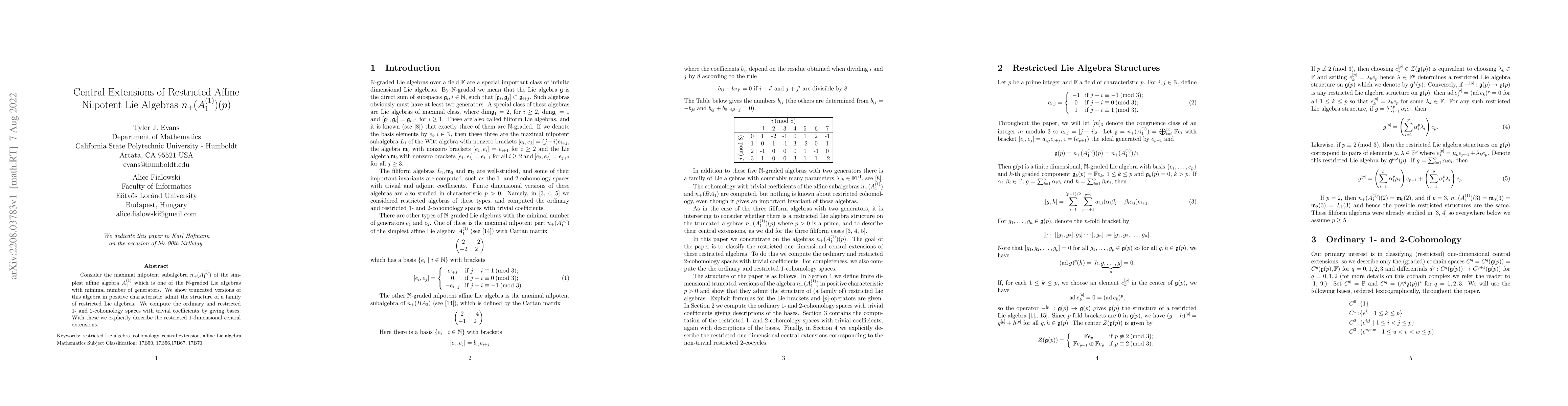Thumbnail for Central Extensions of Restricted Affine Nilpotent Lie Algebras
  $n_+(A^{(1)}_1)(p)$