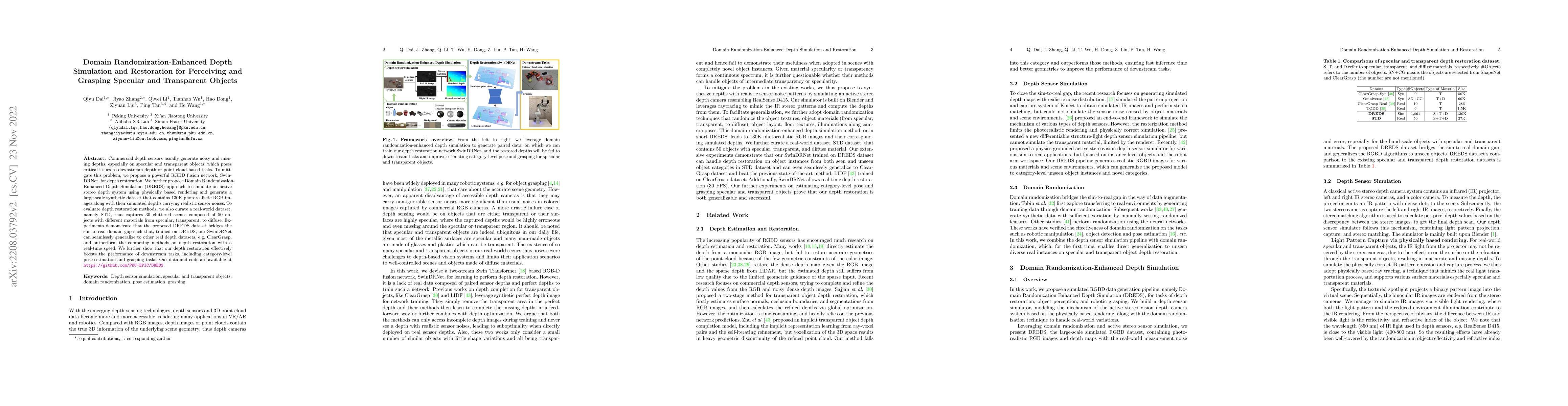 Thumbnail for Domain Randomization-Enhanced Depth Simulation and Restoration for
  Perceiving and Grasping Specular and Transparent Objects
