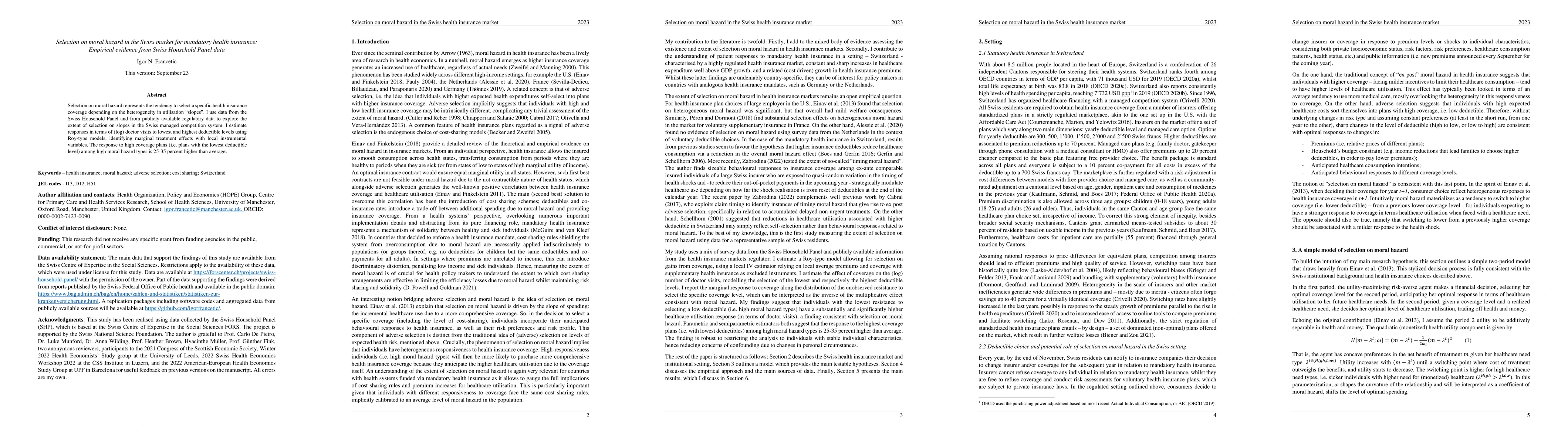 Thumbnail for Selection on moral hazard in the Swiss market for mandatory health
  insurance: Empirical evidence from Swiss Household Panel data