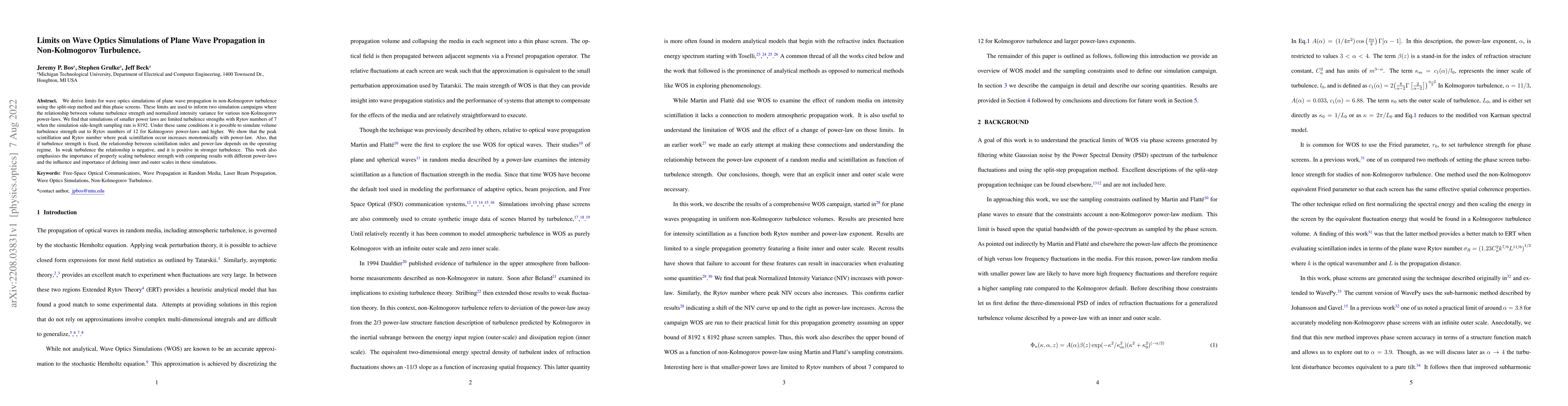 Thumbnail for Limits on Wave Optics Simulations of Plane Wave Propagation in
  Non-Kolmogorov Turbulence