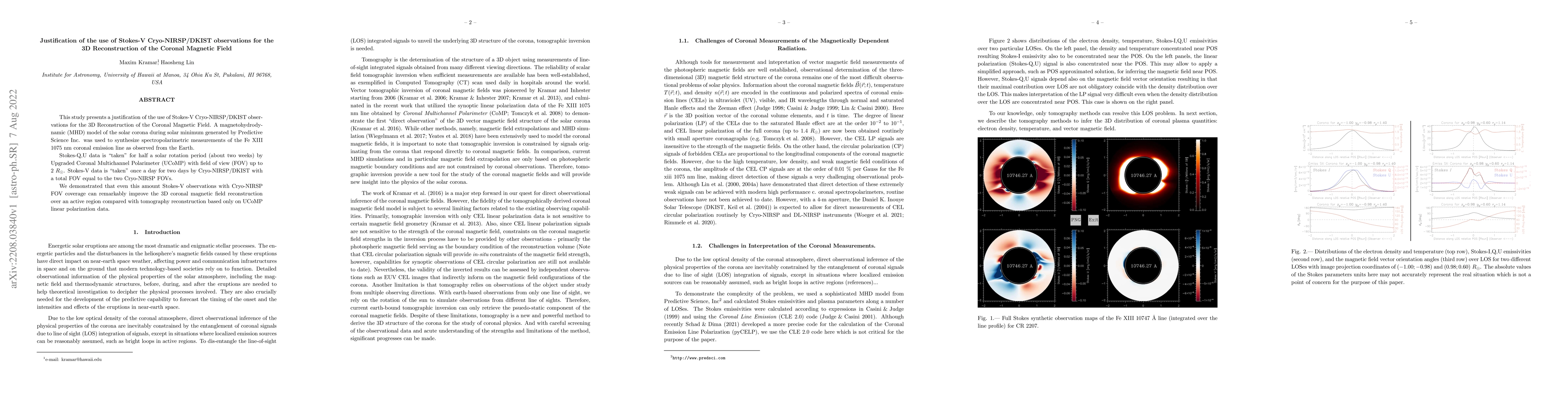 Thumbnail for Justification of the use of Stokes-V Cryo-NIRSP/DKIST observations for
  the 3D Reconstruction of the Coronal Magnetic Field