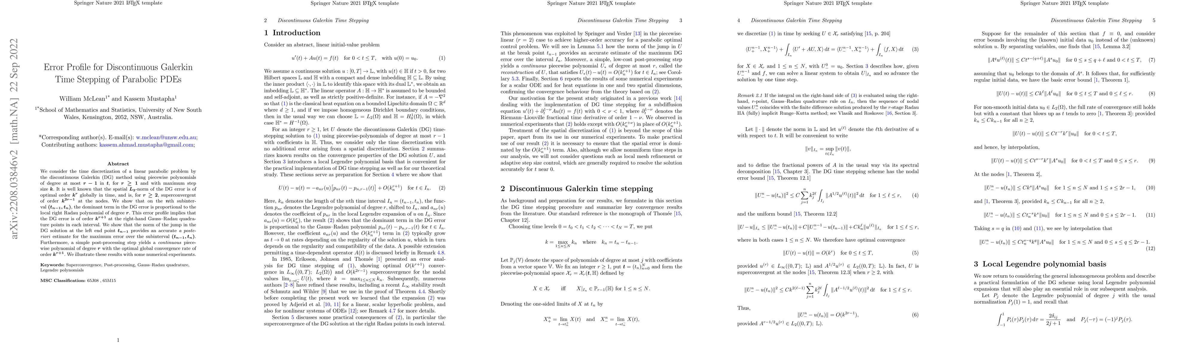 Thumbnail for Error Profile for Discontinuous Galerkin Time Stepping of Parabolic PDEs