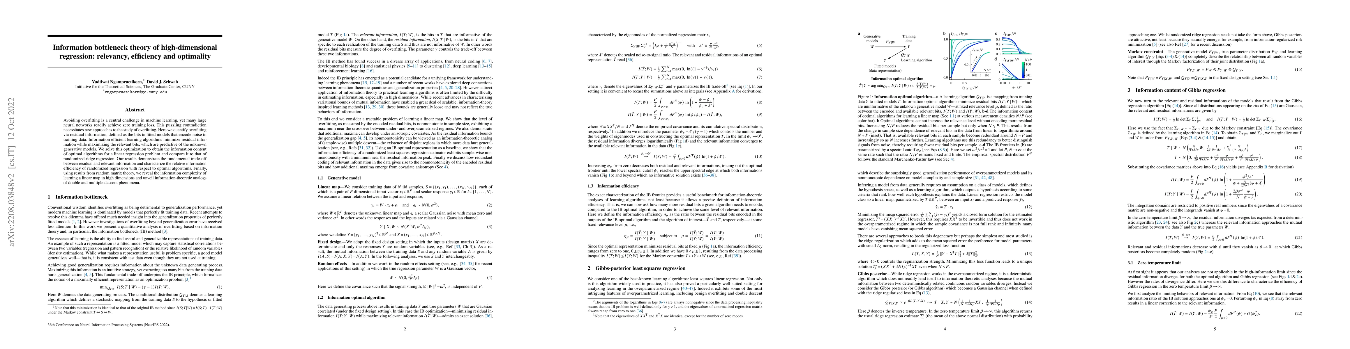 Thumbnail for Information bottleneck theory of high-dimensional regression: relevancy,
  efficiency and optimality