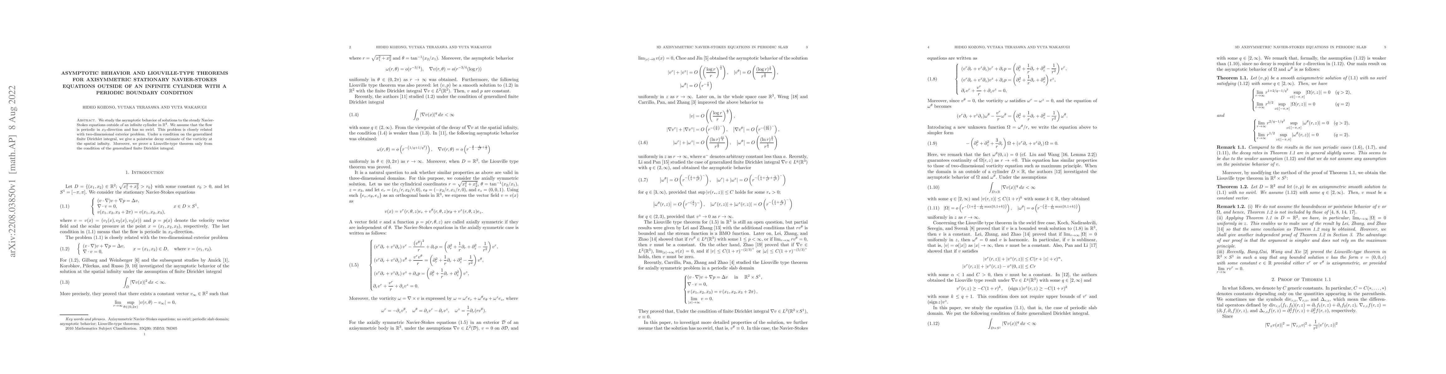 Thumbnail for Asymptotic behavior and Liouville-type theorems for axisymmetric
  stationary Navier-Stokes equations outside of an infinite cylinder with a
  periodic boundary condition