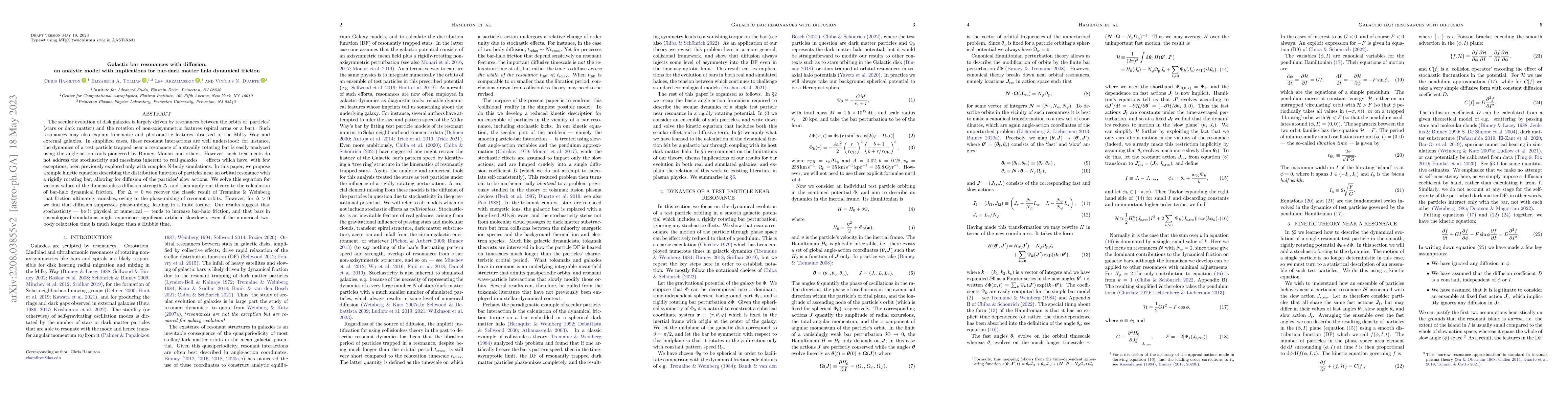 Thumbnail for Galactic bar resonances with diffusion: an analytic model with
  implications for bar-dark matter halo dynamical friction