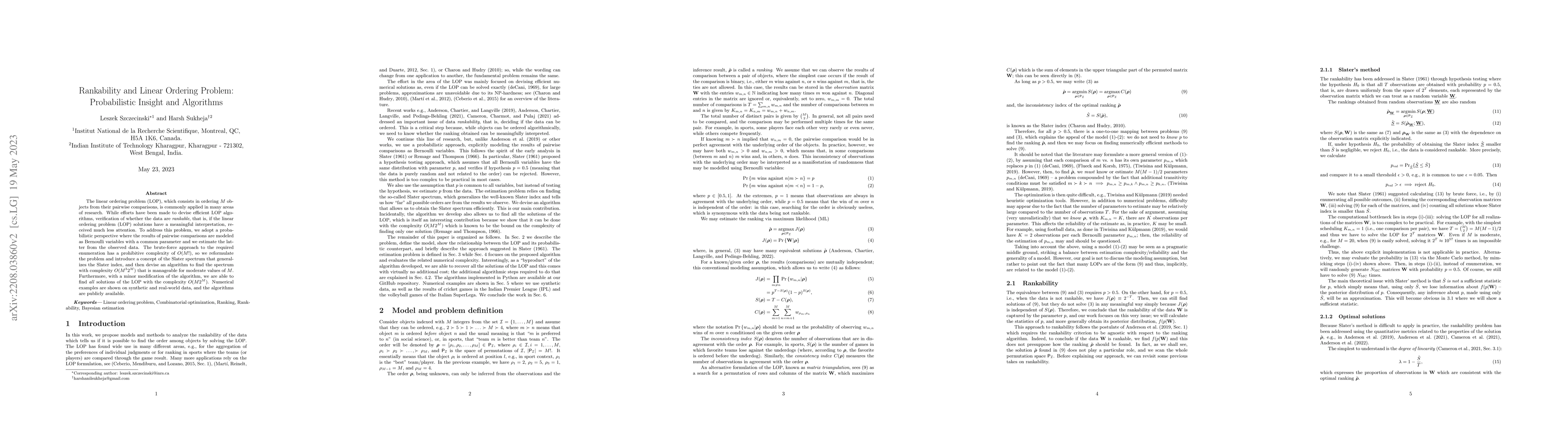Thumbnail for Rankability and Linear Ordering Problem: New Probabilistic Insight and
  Algorithms