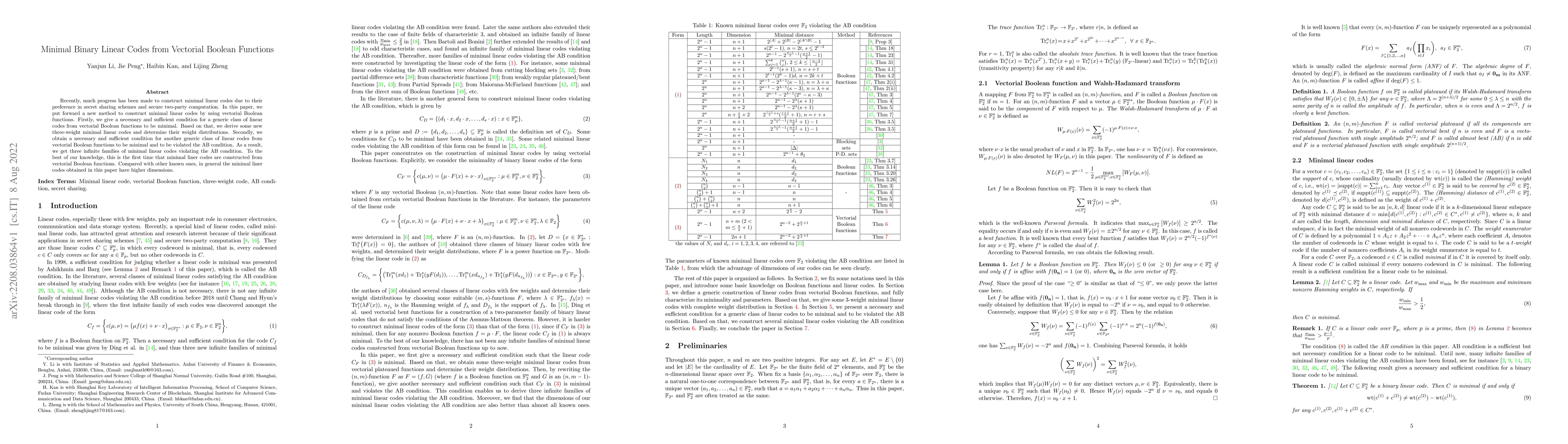 Thumbnail for Minimal Binary Linear Codes from Vectorial Boolean Functions