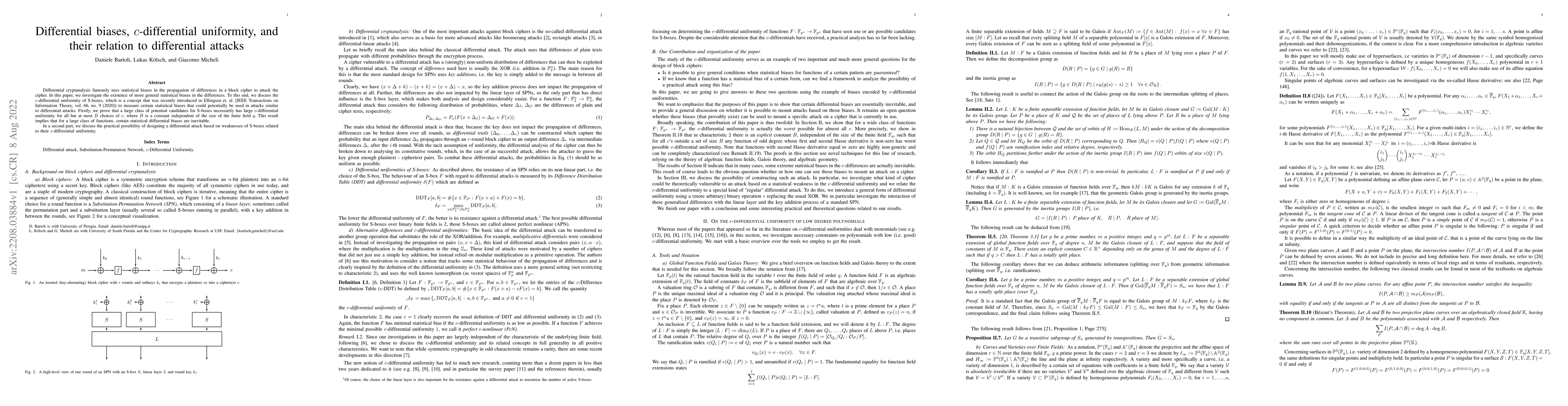 Thumbnail for Differential biases, $c$-differential uniformity, and their relation to
  differential attacks