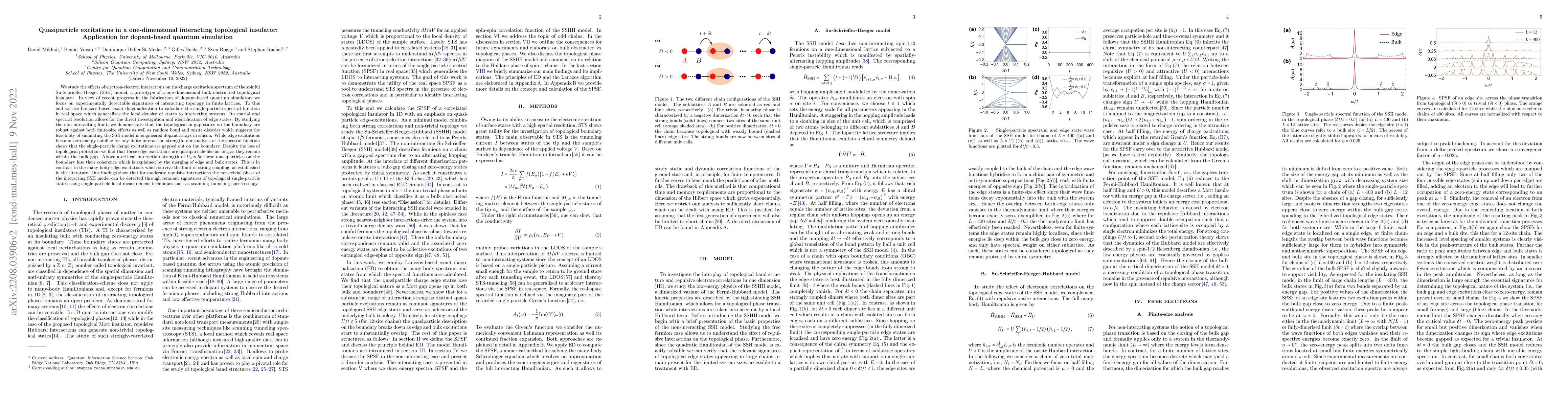 Thumbnail for Quasiparticle excitations in a one-dimensional interacting topological
  insulator: Application for dopant-based quantum simulation