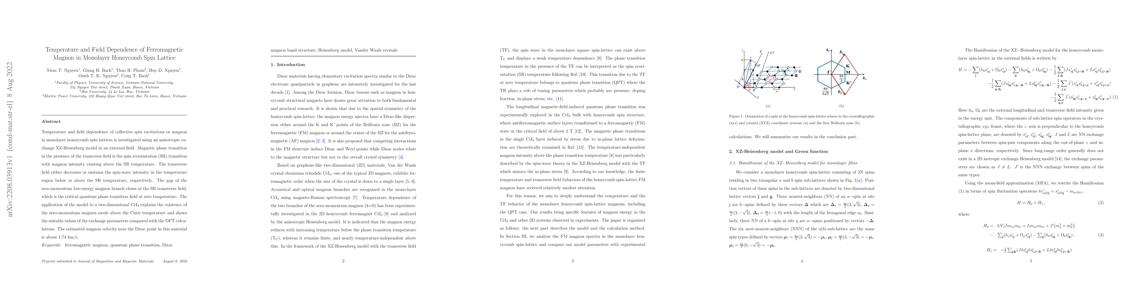 Thumbnail for Temperature and Field Dependence of Ferromagnetic Magnon in Monolayer
  Honeycomb Spin Lattice