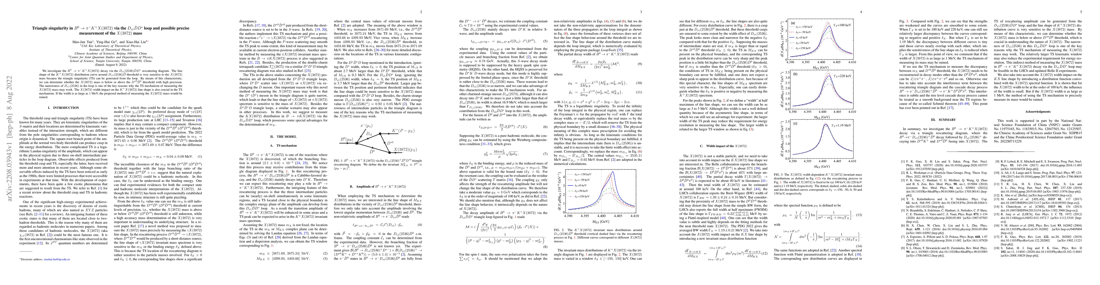 Thumbnail for Triangle singularity in $B^0\to \pi^- K^+ X(3872)$ via the
  $D_{s1}\bar{D} D^*$ loop and possible precise measurement of the $X(3872)$
  mass