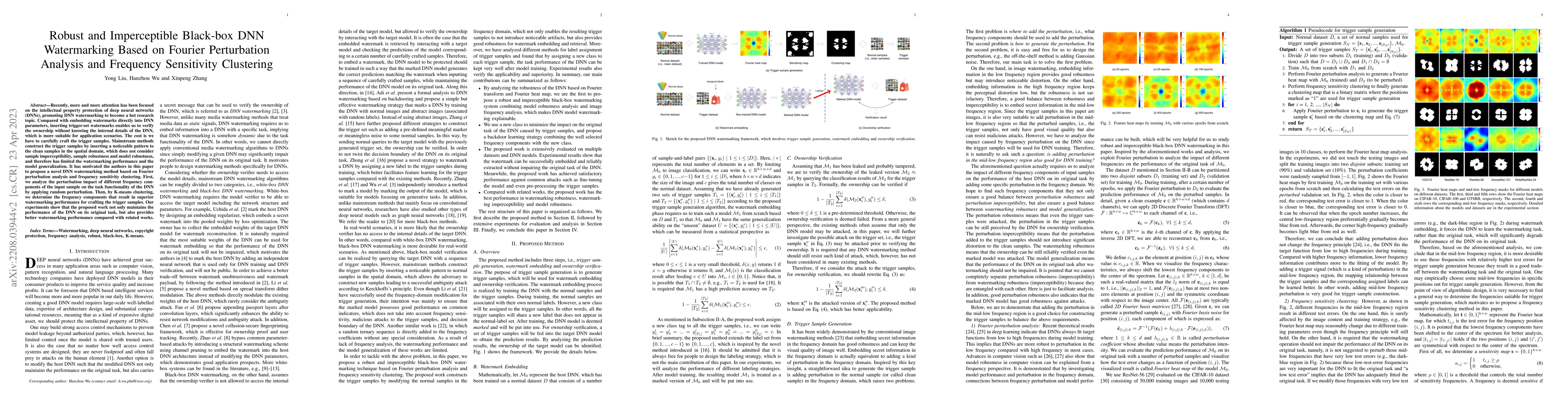 Thumbnail for Robust and Imperceptible Black-box DNN Watermarking Based on Fourier
  Perturbation Analysis and Frequency Sensitivity Clustering