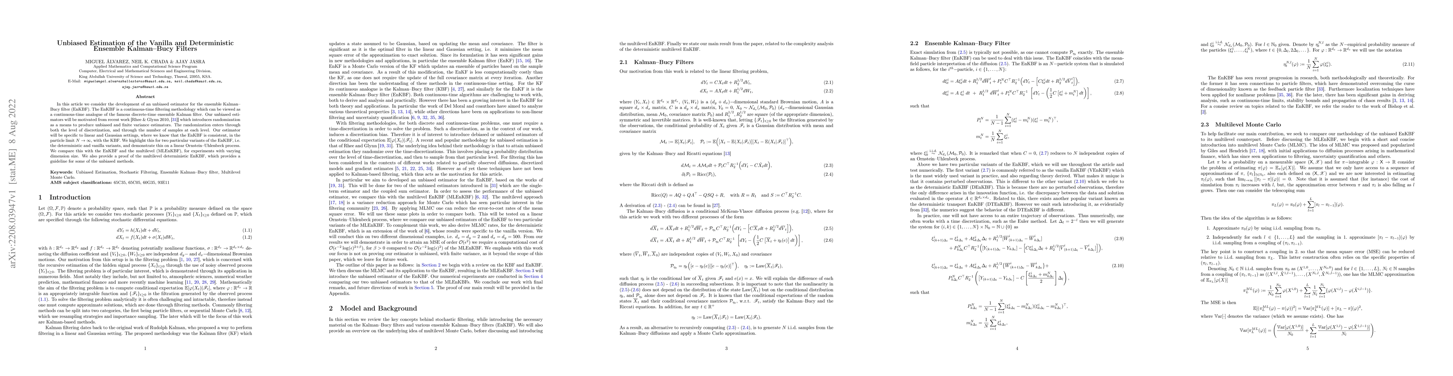 Thumbnail for Unbiased Estimation of the Vanilla and Deterministic Ensemble
  Kalman-Bucy Filters