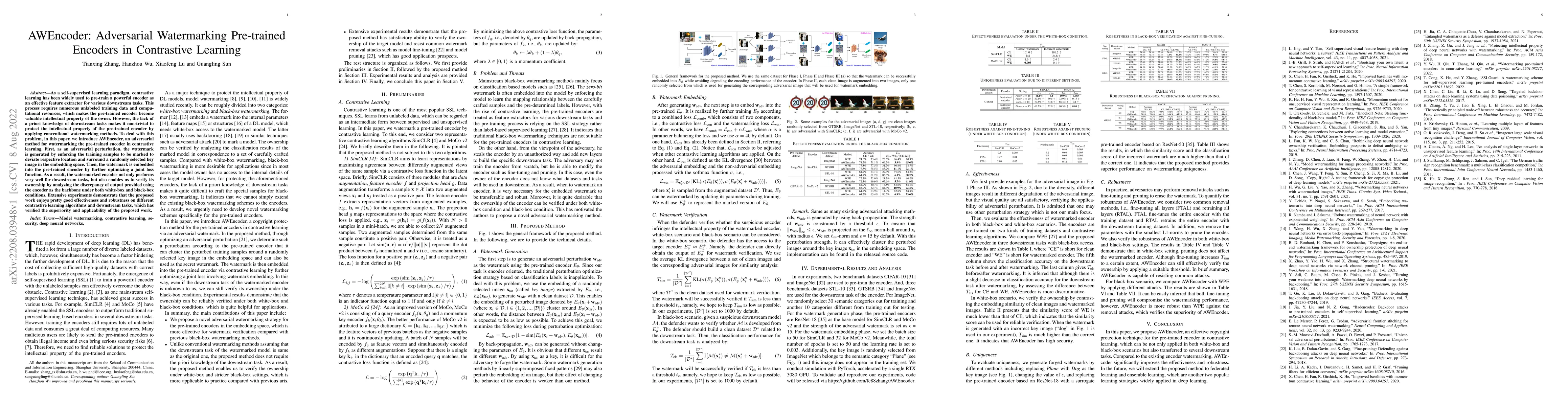 Thumbnail for AWEncoder: Adversarial Watermarking Pre-trained Encoders in Contrastive
  Learning