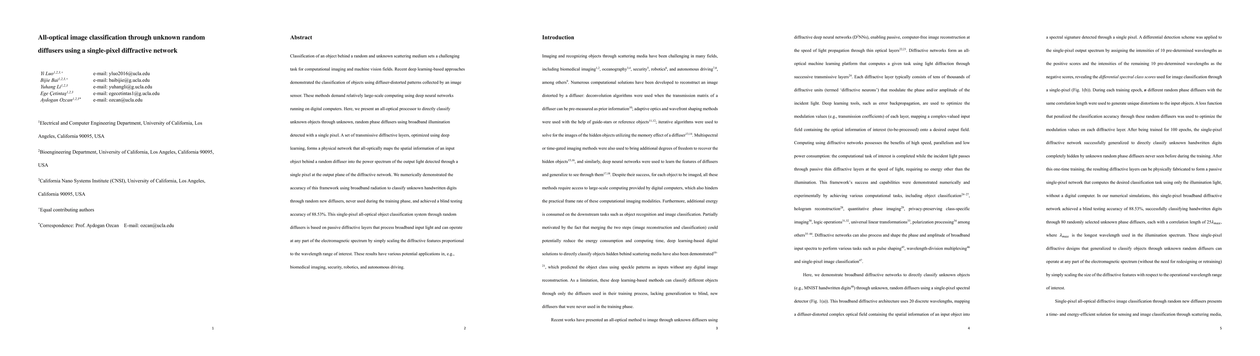 Thumbnail for All-optical image classification through unknown random diffusers using
  a single-pixel diffractive network