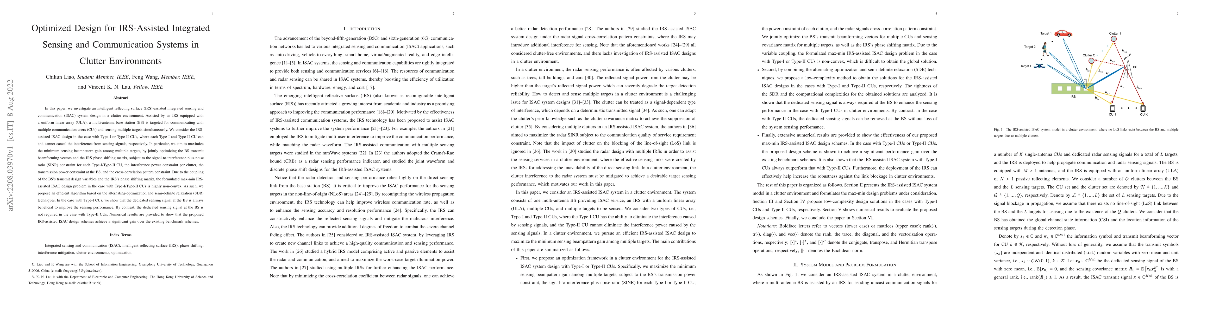 Thumbnail for Optimized Design for IRS-Assisted Integrated Sensing and Communication
  Systems in Clutter Environments