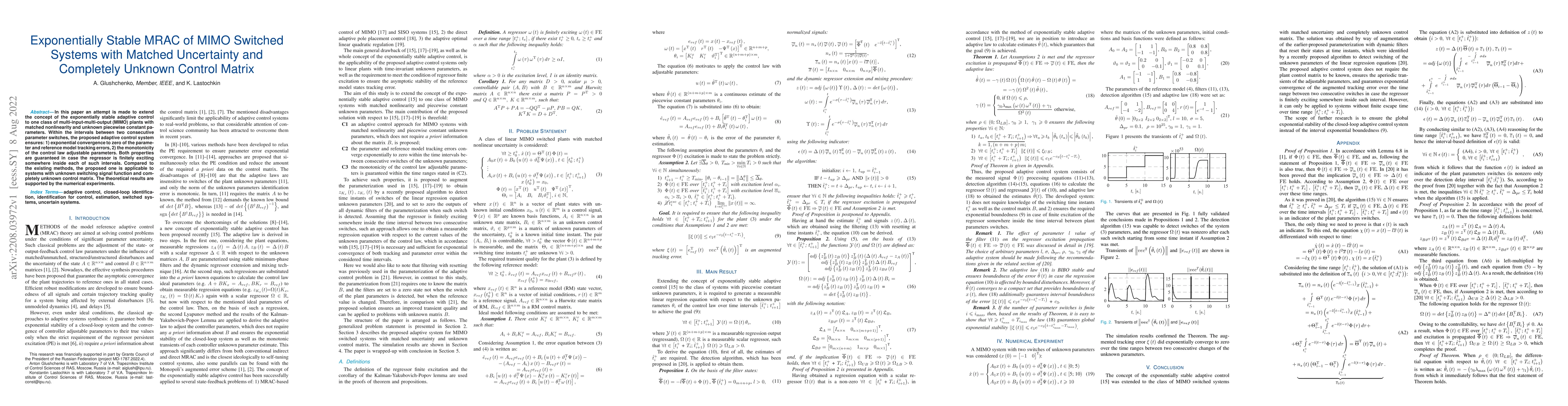 Thumbnail for Exponentially Stable MRAC of MIMO Switched Systems with Matched
  Uncertainty and Completely Unknown Control Matrix