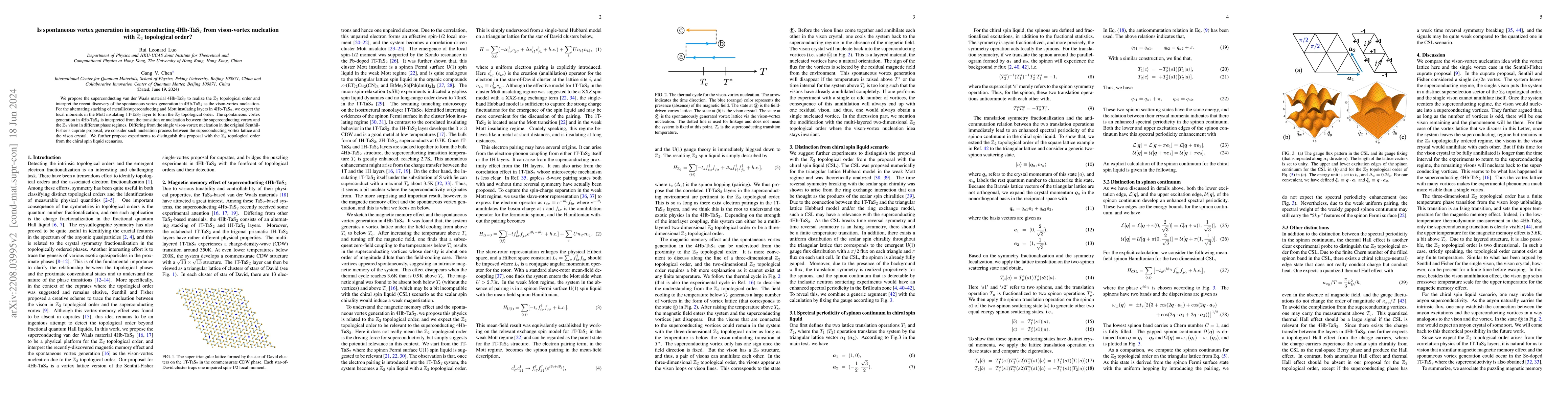 Thumbnail for Is spontaneous vortex generation in superconducting 4Hb-TaS$_2$ from
  vison-vortex nucleation with $\mathbb{Z}_2$ topological order?