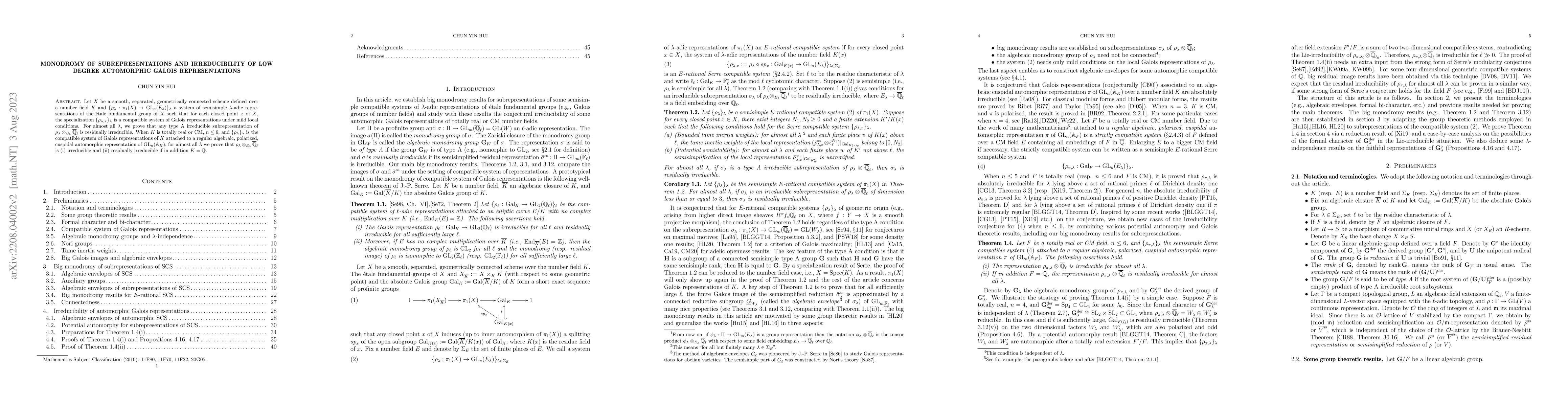 Thumbnail for Monodromy of subrepresentations and irreducibility of low degree
  automorphic Galois representations