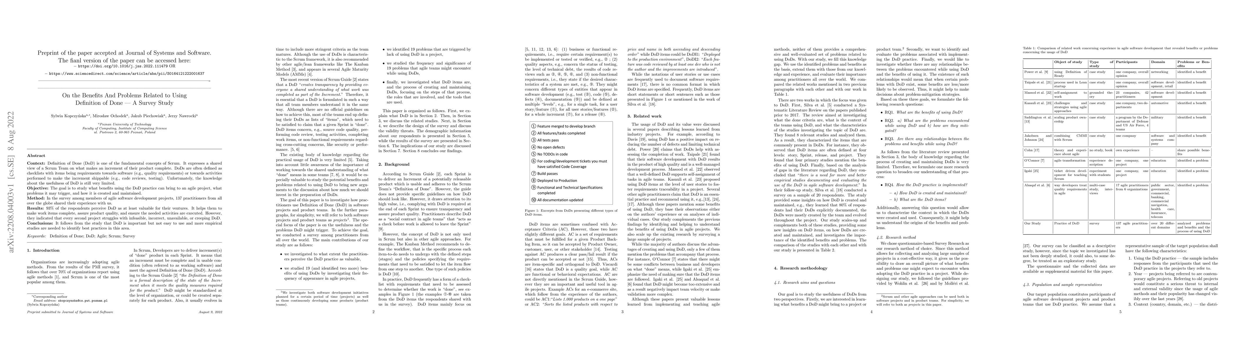 Thumbnail for On the Benefits And Problems Related to Using Definition of Done -- A
  Survey Study