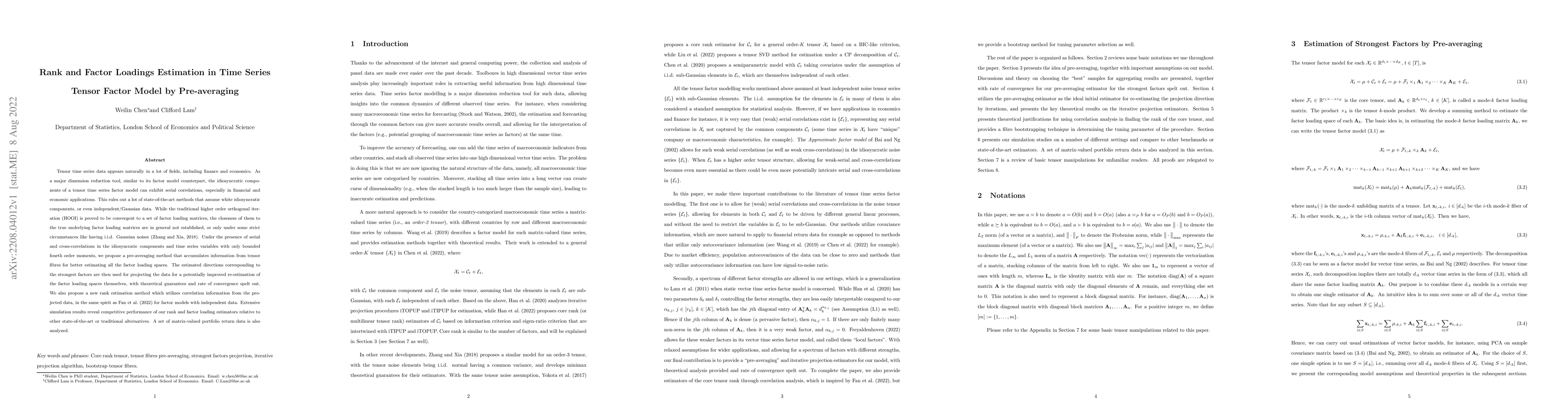 Thumbnail for Rank and Factor Loadings Estimation in Time Series Tensor Factor Model
  by Pre-averaging