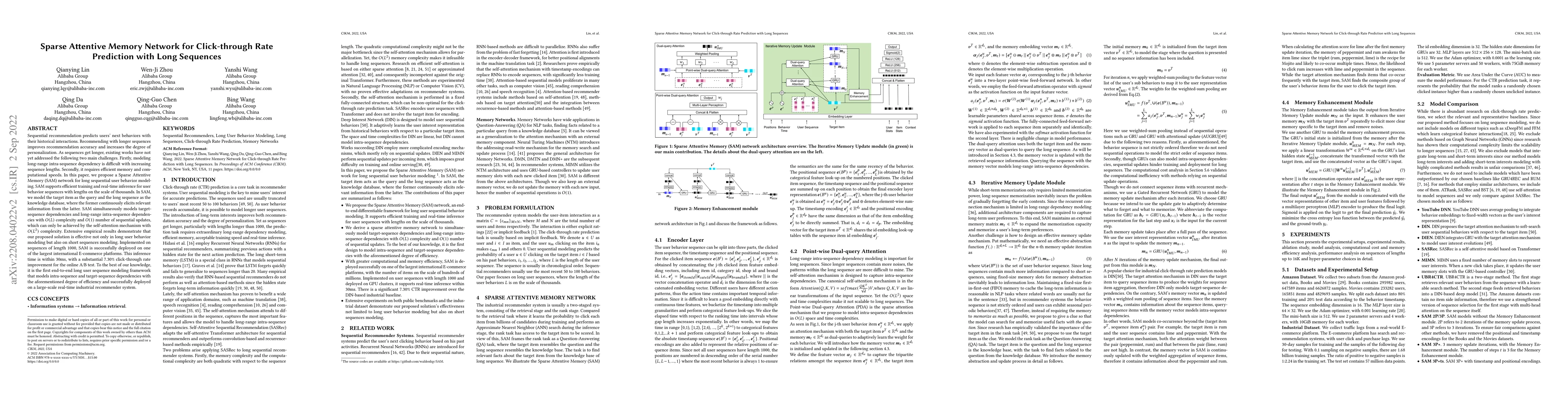 Thumbnail for Sparse Attentive Memory Network for Click-through Rate Prediction with
  Long Sequences