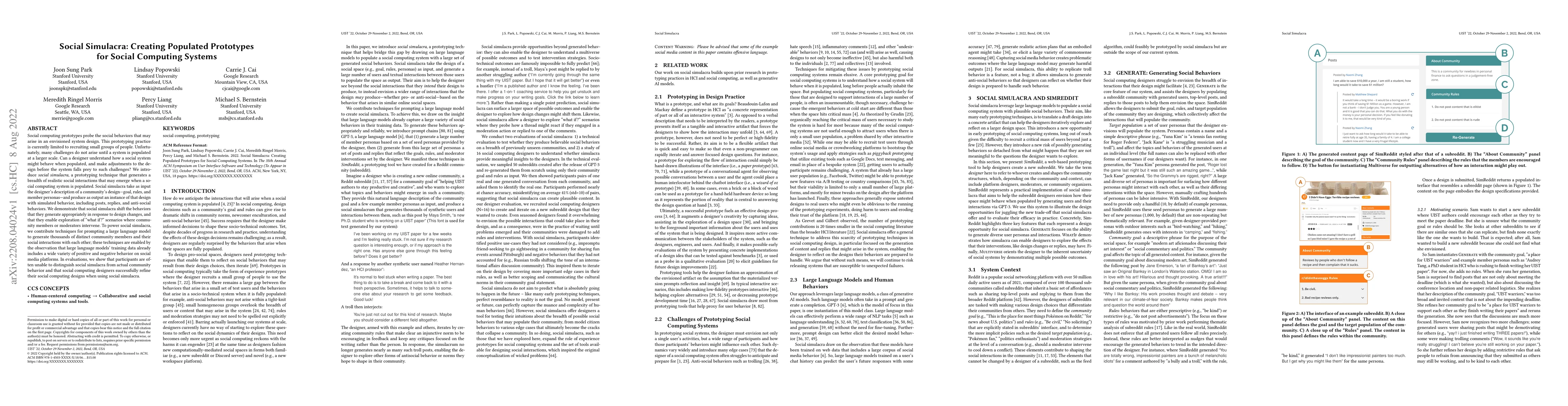 Thumbnail for Social Simulacra: Creating Populated Prototypes for Social Computing
  Systems