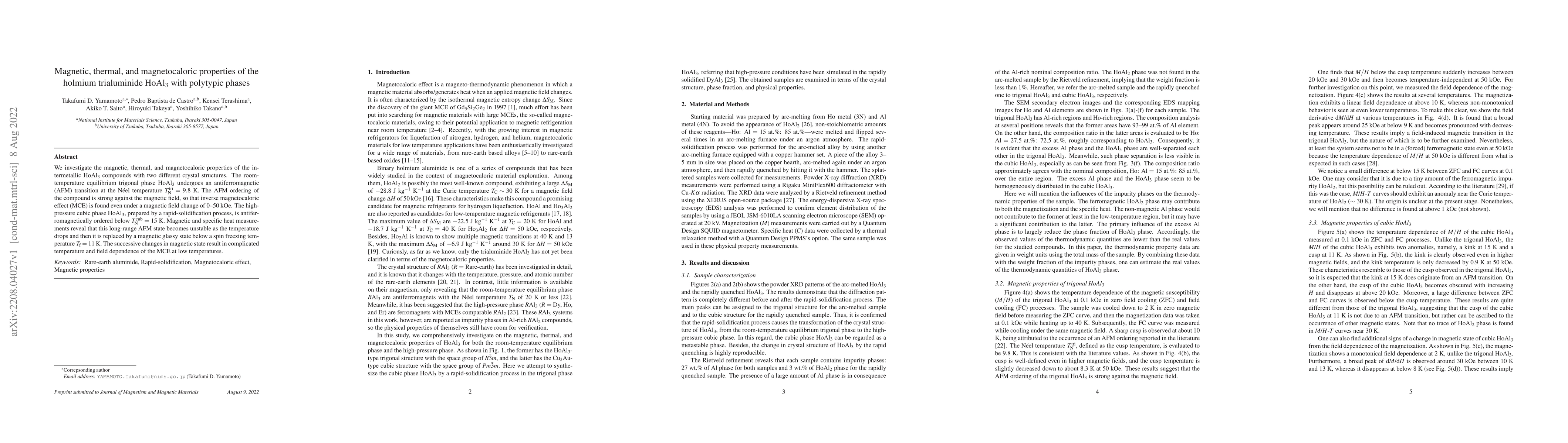 Thumbnail for Magnetic, thermal, and magnetocaloric properties of the holmium
  trialuminide HoAl$_{3}$ with polytypic phases