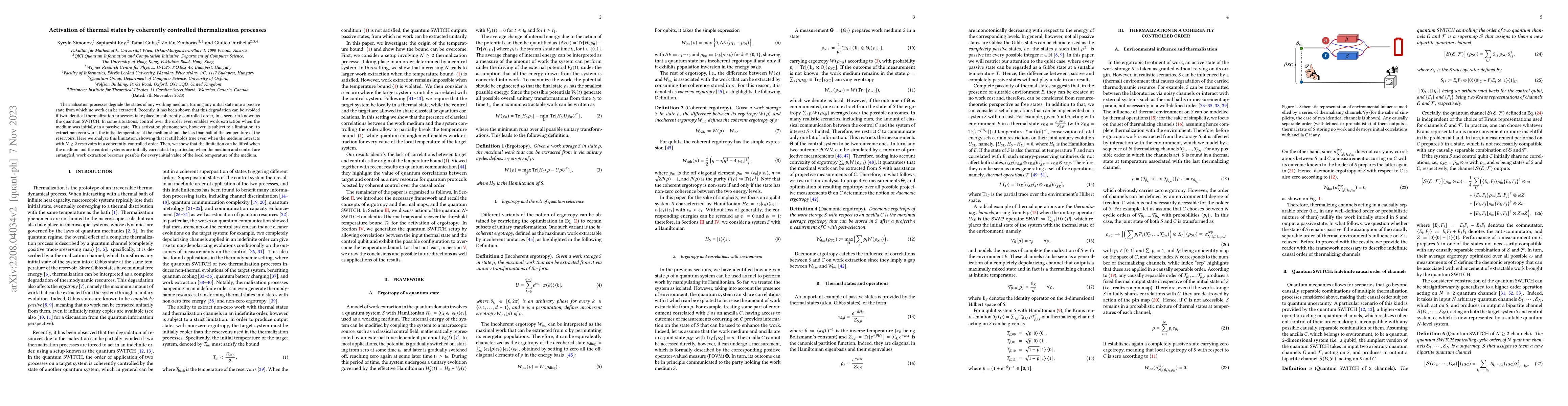 Thumbnail for Activation of thermal states by coherently controlled thermalization
  processes