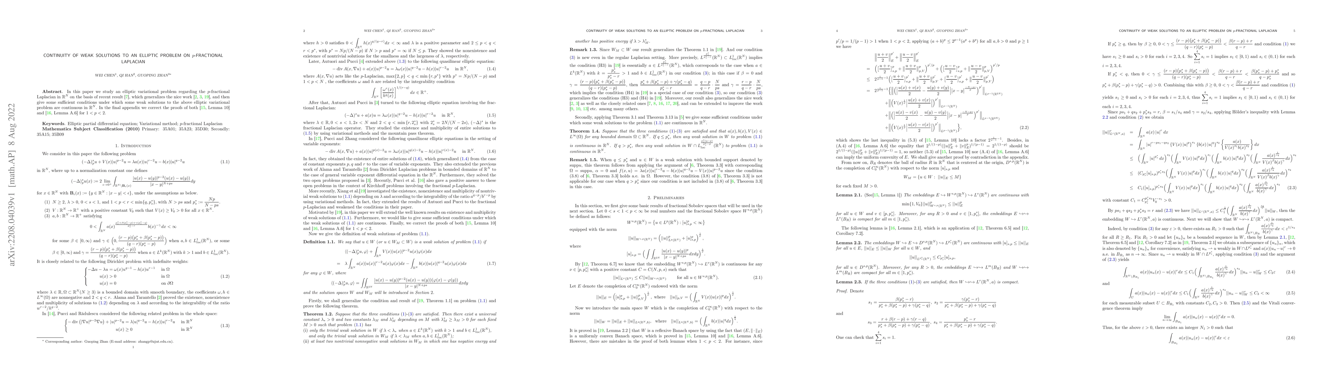 Thumbnail for Continuity of weak solutions to an elliptic problem on $p$-fractional
  Laplacian