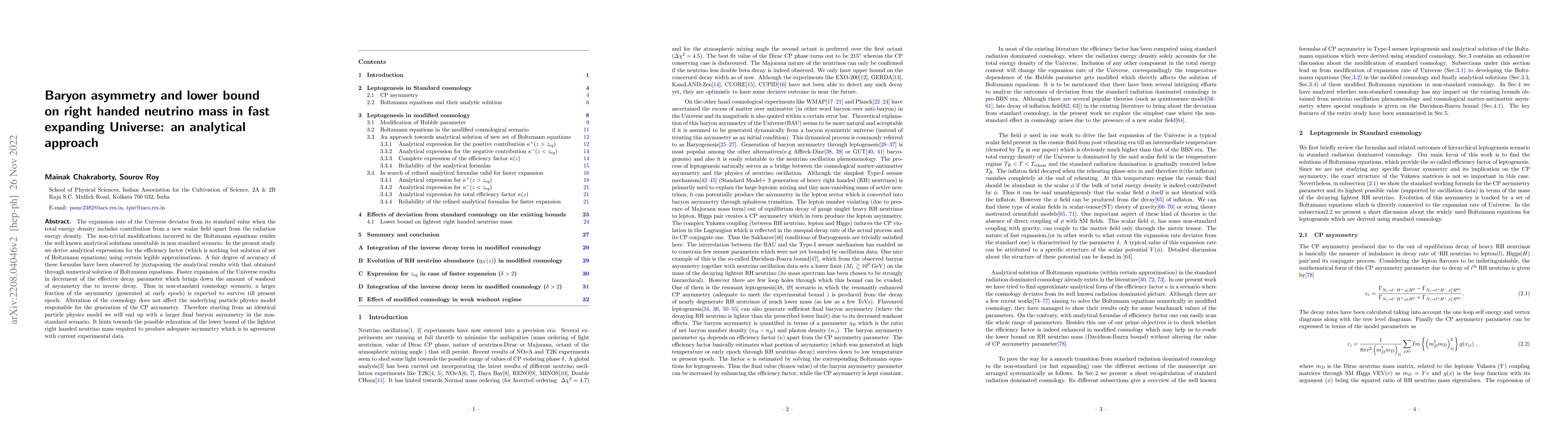 Thumbnail for Baryon asymmetry and lower bound on right handed neutrino mass in fast
  expanding Universe: an analytical approach