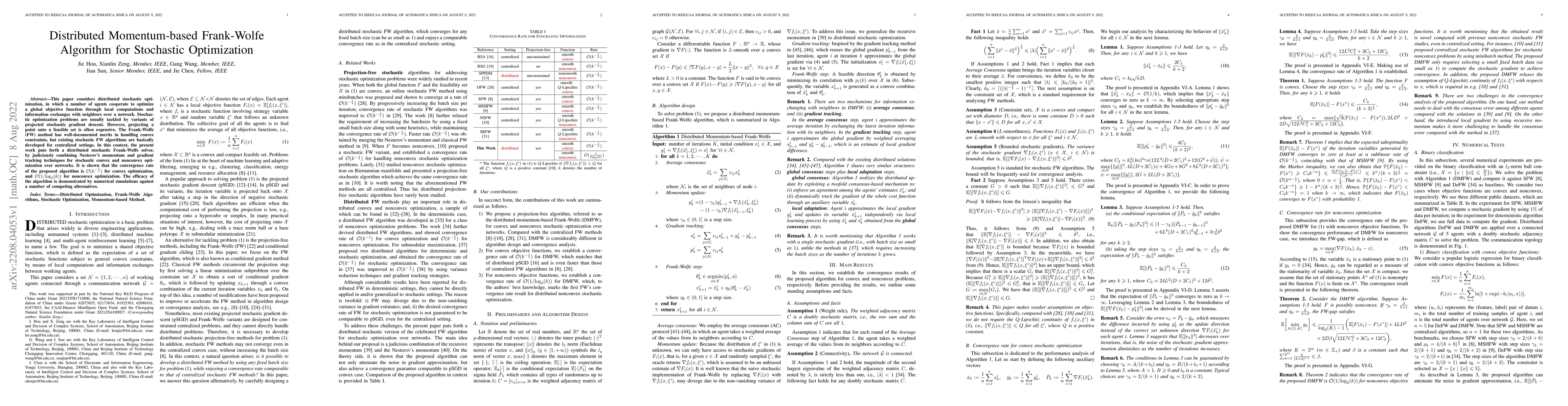 Thumbnail for Distributed Momentum-based Frank-Wolfe Algorithm for Stochastic
  Optimization