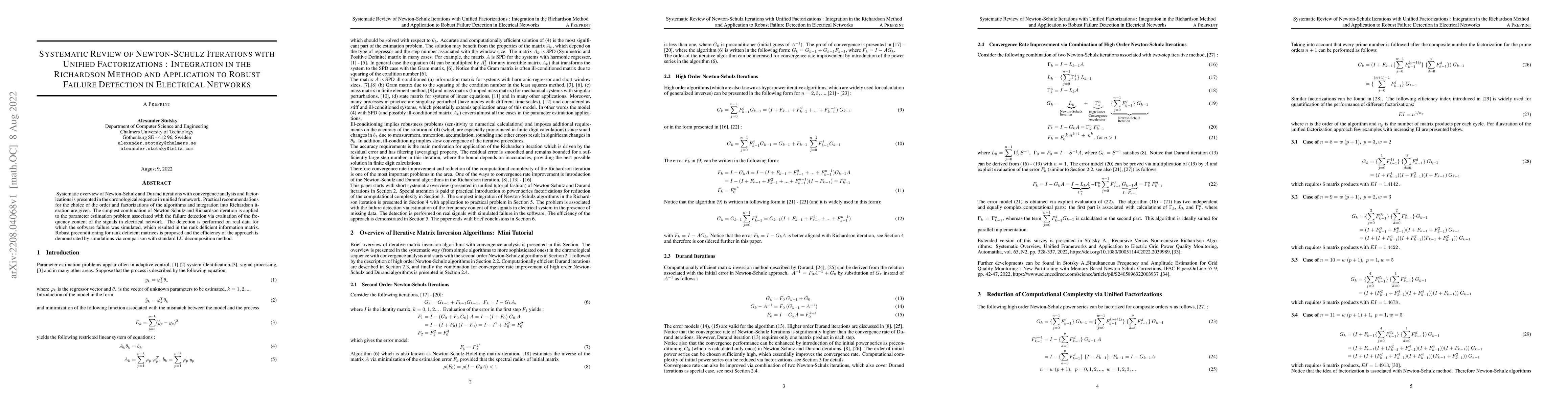 Thumbnail for Systematic Review of Newton-Schulz Iterations with Unified
  Factorizations : Integration in the Richardson Method and Application to
  Robust Failure Detection in Electrical Networks